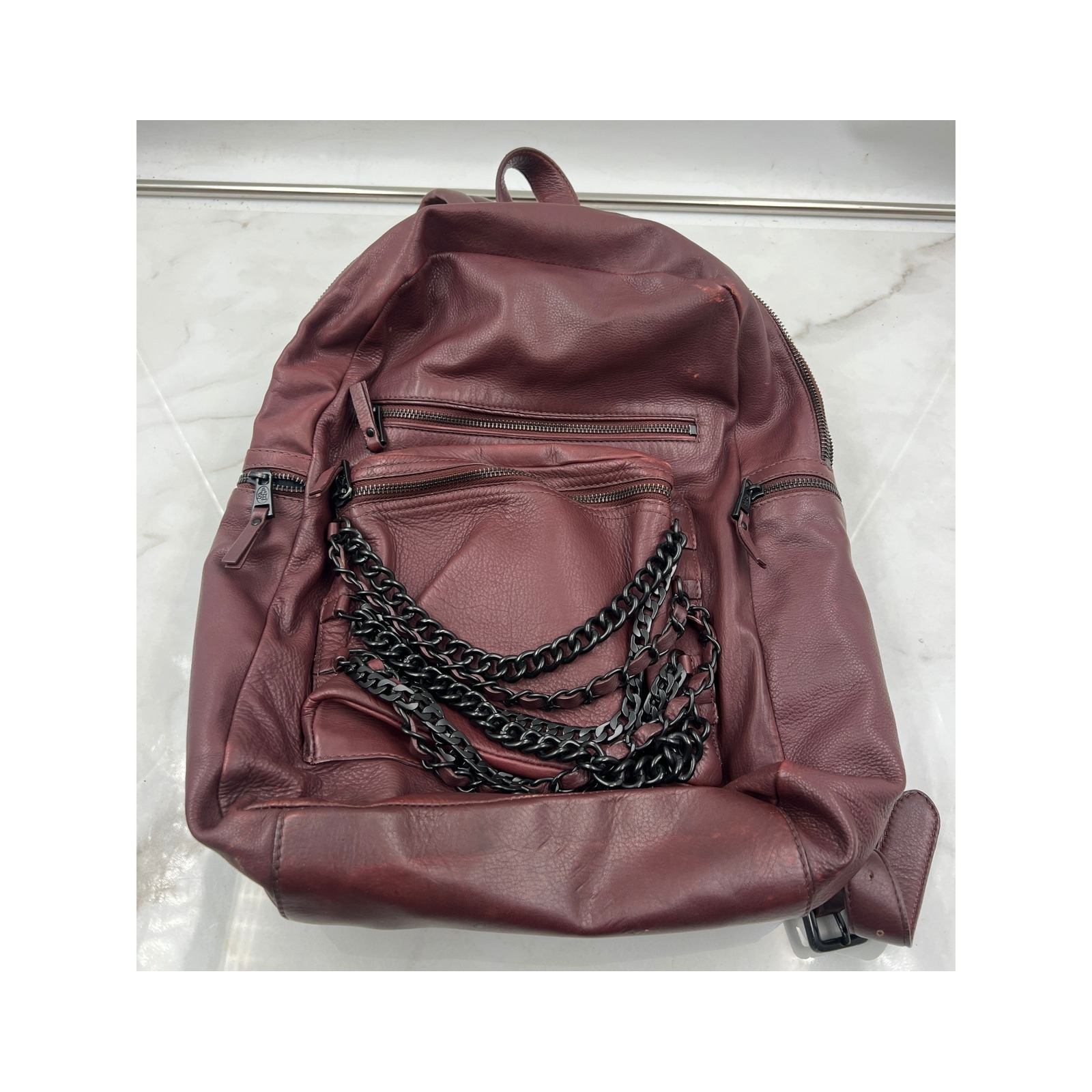 Ash Dominoe Burgundy Leather Chain Backpack Edgy Dark Red Pebbled Leather Bag